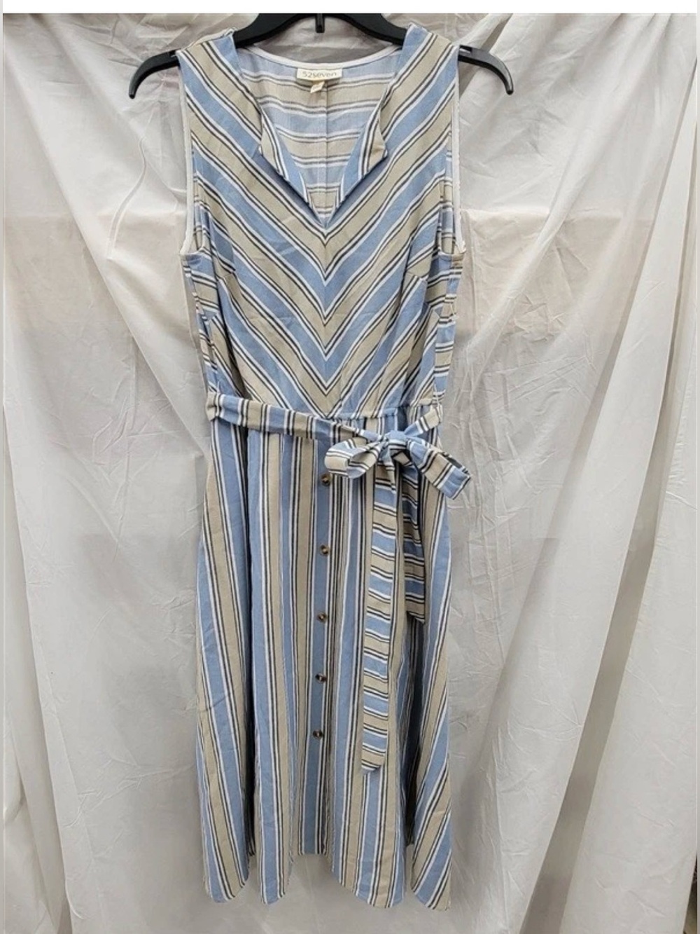 52seven Sleeveless Striped Tie-Waist Midi Dress - Blue & Cream & tan size X1